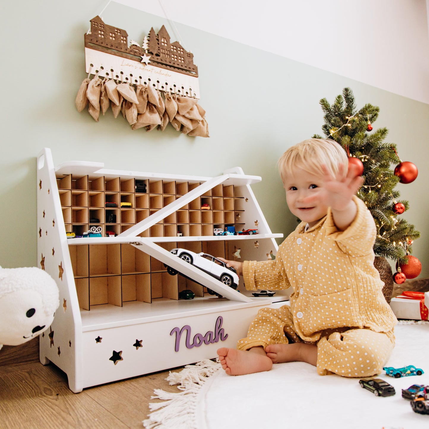Personalized Wooden Toy Car Garage – Custom Kids Car Storage, Montessori Playroom Gift