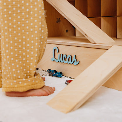 Personalized Wooden Toy Car Garage – Custom Kids Car Storage, Montessori Playroom Gift