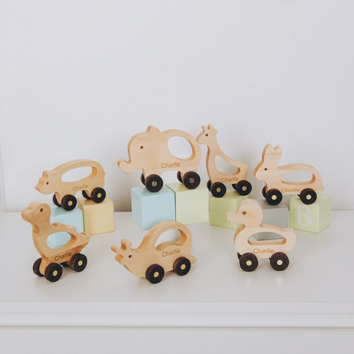 Personalized Wooden Toy Animals & Cars – Montessori Baby Gift, Elephant Nursery Decor, Toddler Toys, 1st Birthday Gift
