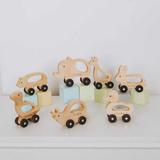 Personalized Wooden Toy Animals & Cars – Montessori Baby Gift, Elephant Nursery Decor, Toddler Toys, 1st Birthday Gift