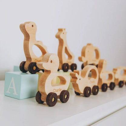 Personalized Wooden Toy Animals & Cars – Montessori Baby Gift, Elephant Nursery Decor, Toddler Toys, 1st Birthday Gift