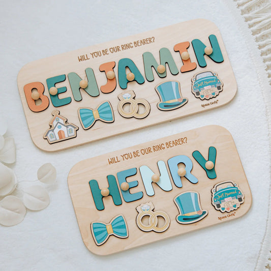 Personalized Benjamin and Henry ring bearer proposal puzzles flat lay