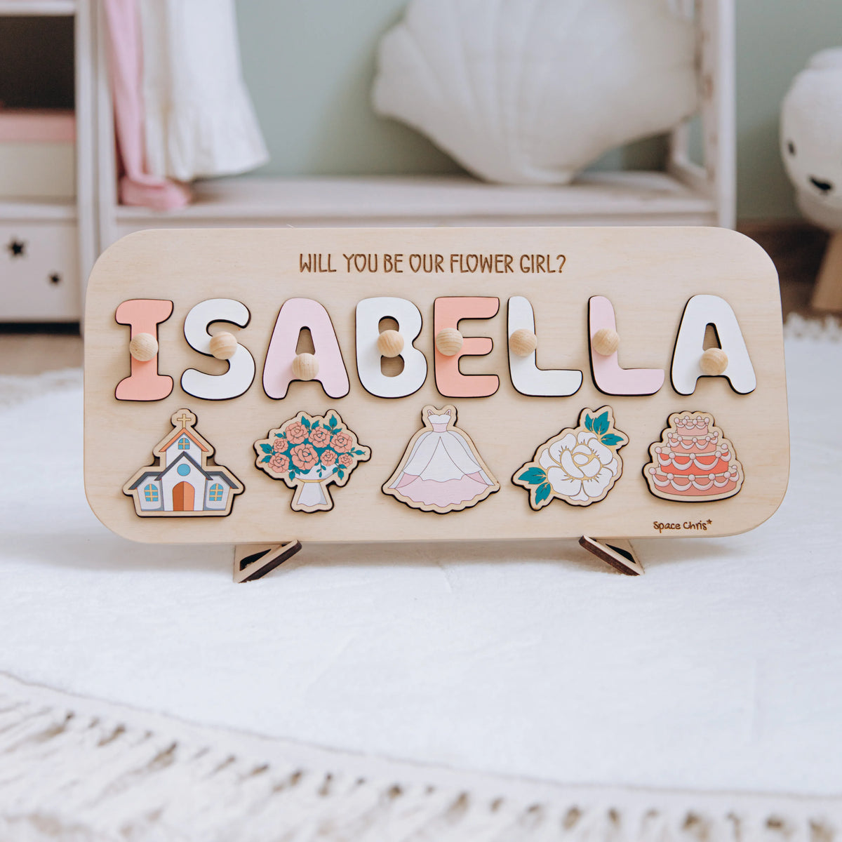 Personalized Flower Girl Proposal Puzzle with name Isabella on wooden stand