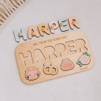 Close-up of personalized Harper flower girl puzzle wooden letters