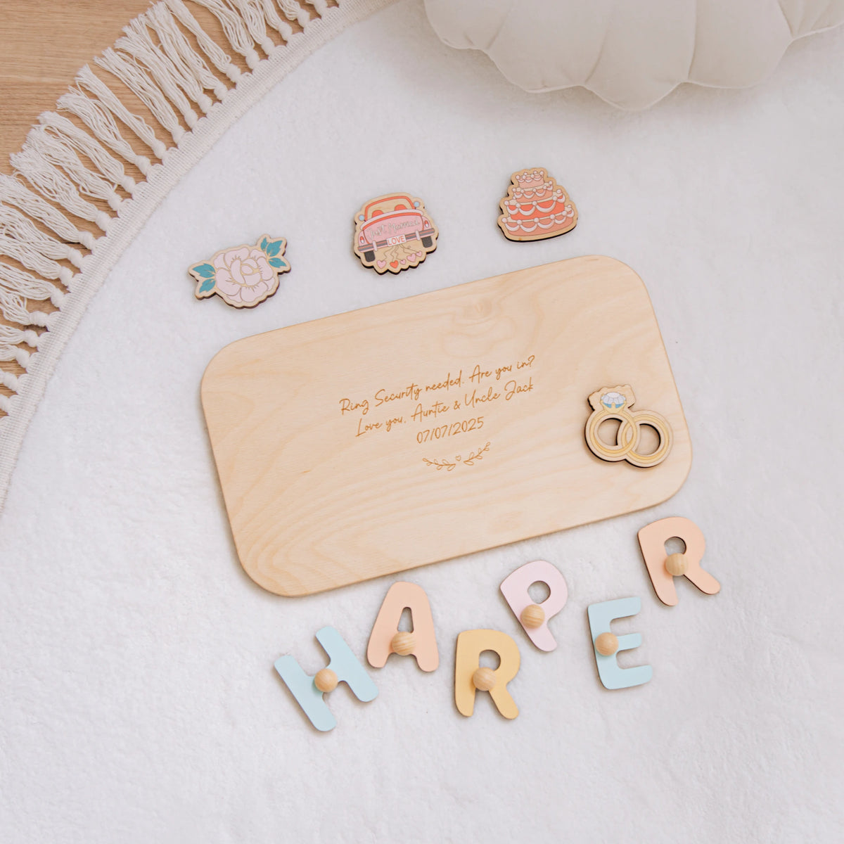Removable wooden pieces of personalized Harper flower girl puzzle
