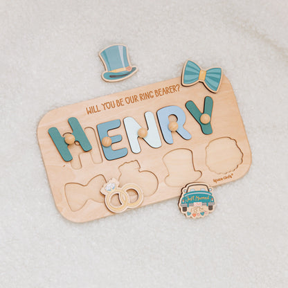Close-up of wedding-themed icon pieces on personalized Henry puzzle