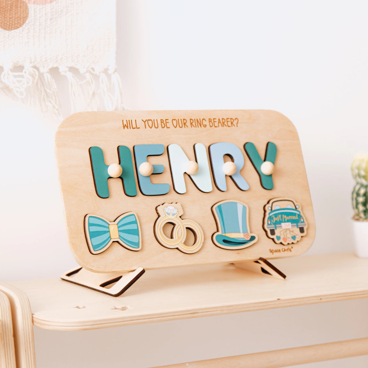 Personalized Ring Bearer Proposal Puzzle with name Henry on wooden stand