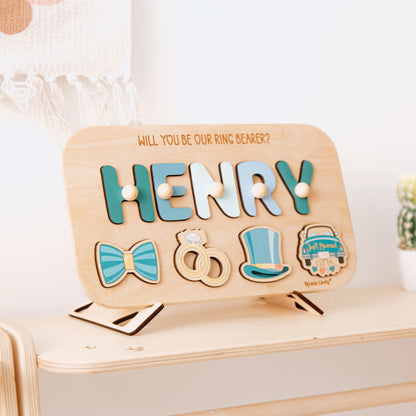 Personalized Ring Bearer Proposal Puzzle with name Henry on wooden stand