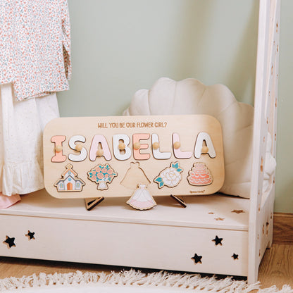 Isabella flower girl proposal puzzle displayed on nursery shelf