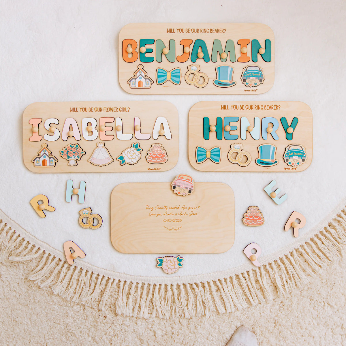 Personalized ring bearer and flower girl puzzles with removable wooden pieces