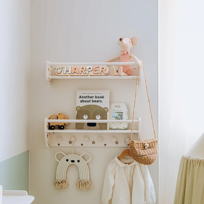Montessori Floating Nursery Shelf with Hooks – Natural Wood Wall-Mounted Book & Toy Organizer for Kids Room