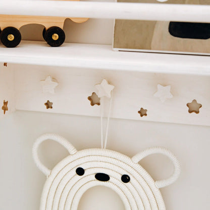 Montessori Floating Nursery Shelf with Hooks – Natural Wood Wall-Mounted Book & Toy Organizer for Kids Room