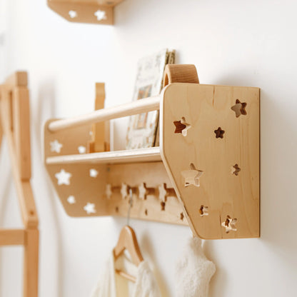 Montessori Floating Nursery Shelf with Hooks – Natural Wood Wall-Mounted Book & Toy Organizer for Kids Room