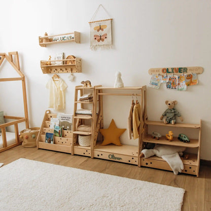 Montessori Floating Nursery Shelf with Hooks – Natural Wood Wall-Mounted Book & Toy Organizer for Kids Room