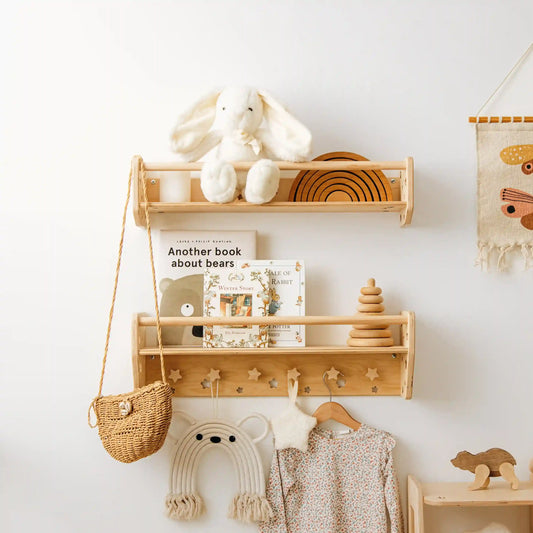 Montessori Floating Nursery Shelf with Hooks – Natural Wood Wall-Mounted Book & Toy Organizer for Kids Room