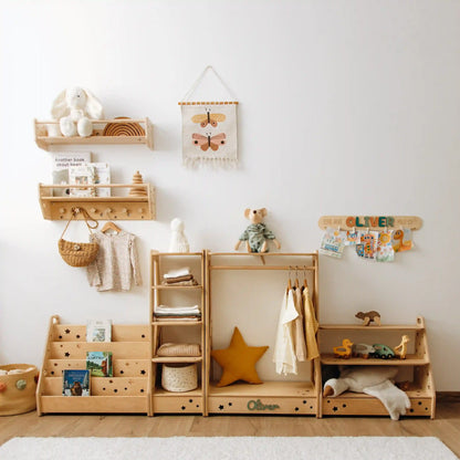 Montessori Floating Nursery Shelf with Hooks – Natural Wood Wall-Mounted Book & Toy Organizer for Kids Room
