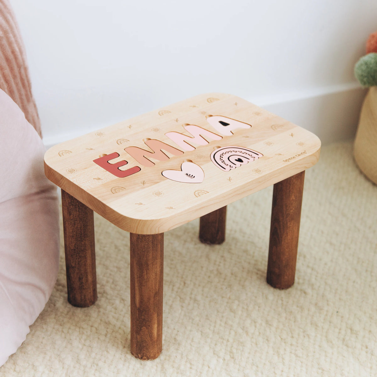 Boho theme personalized toddler step stool featuring the name Emma, a heart, and a rainbow cutout.