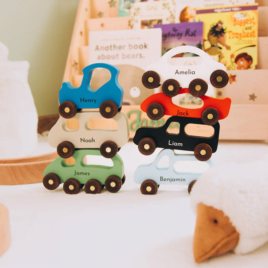 Personalized Wooden Car Set – Custom Name Toy Cars for Kids, Montessori Toddler Gift, Handmade Wooden Vehicles