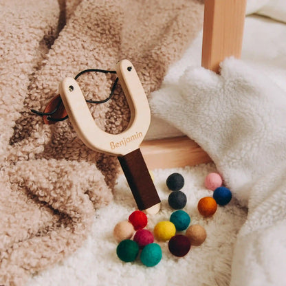 Handmade Wooden Slingshot with Felt Balls – Unique Outdoor Toy for Boys, Perfect Birthday Gift, Natural Wood, Fun Toddler & Kids Toy