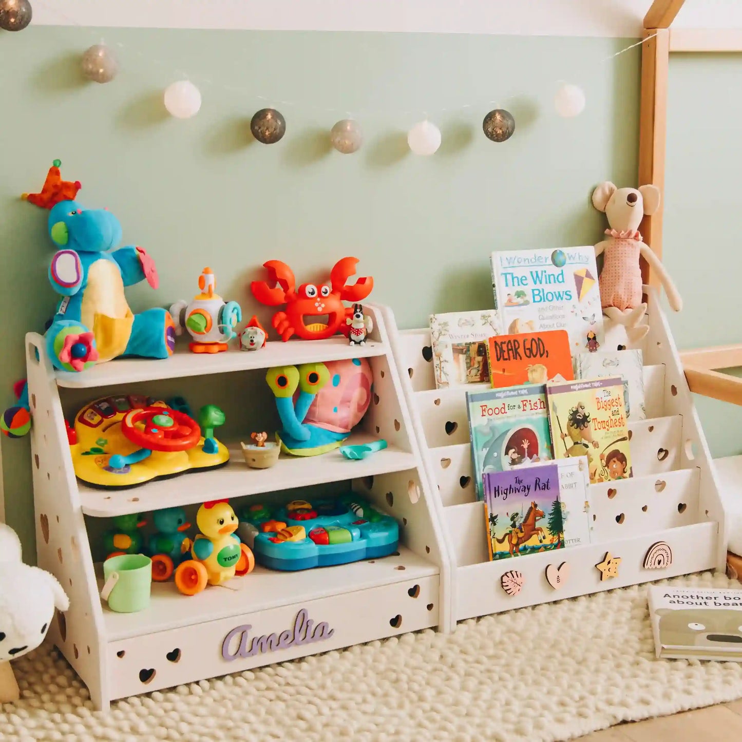 Montessori Toy Storage Organizer for Toddler Playroom – Wooden Shelves & Bins, Kids Room Furniture, Playroom Storage for Children