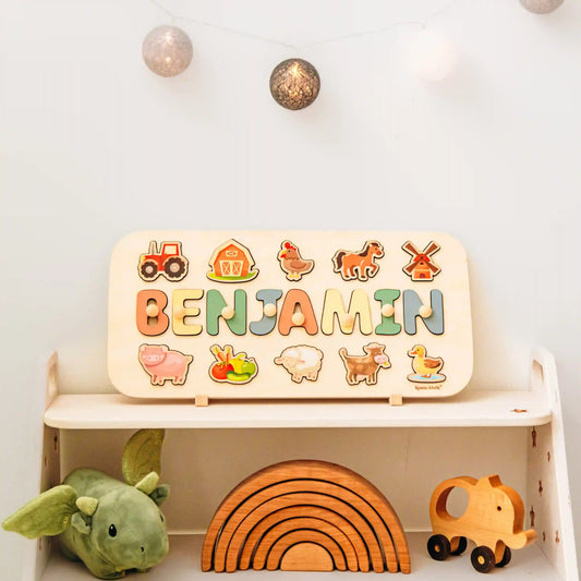 Personalized Wooden Name Puzzle with Farm Animals – Custom Educational Montessori Toy for Toddlers, Baby Shower Gift, Nursery Decor