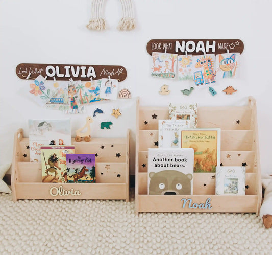 Waldorf Montessori Bookshelf with Name – Kids’ Room Book Organizer