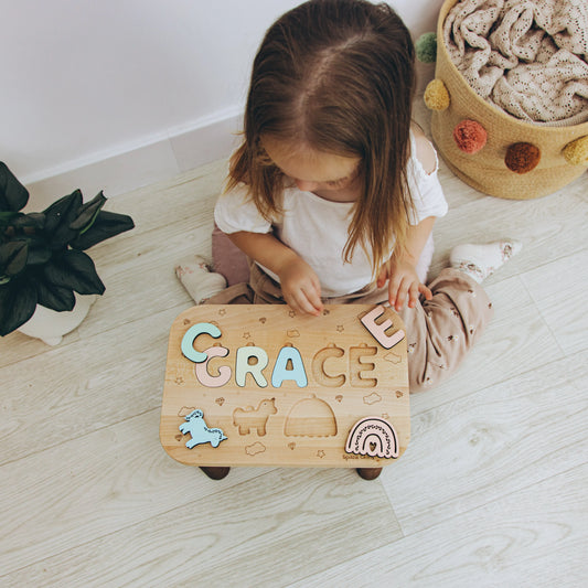 Personalized Toddler Step Stool with Name – Wooden Nursery Stool with Heart & Butterfly