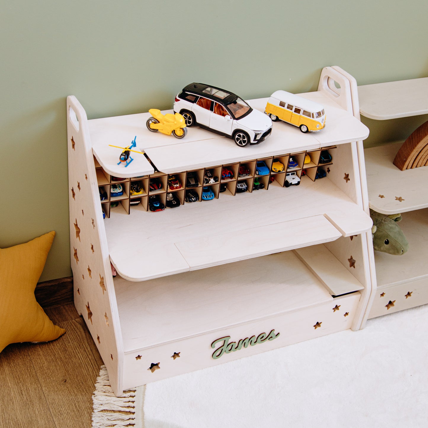 Personalized Wooden Toy Car Garage for Kids – Montessori Toy Storage & Car Organizer Shelf