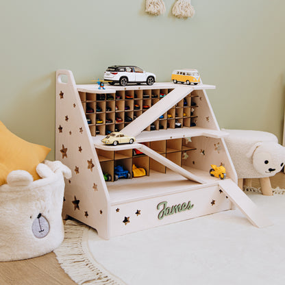 Personalized Wooden Toy Car Garage – Custom Kids Car Storage, Montessori Playroom Gift