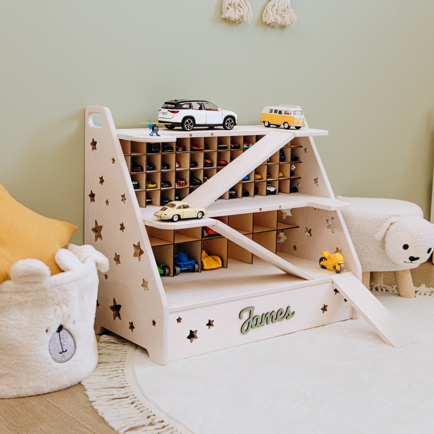 Personalized Wooden Toy Car Garage for Kids – Montessori Toy Storage & Car Organizer Shelf