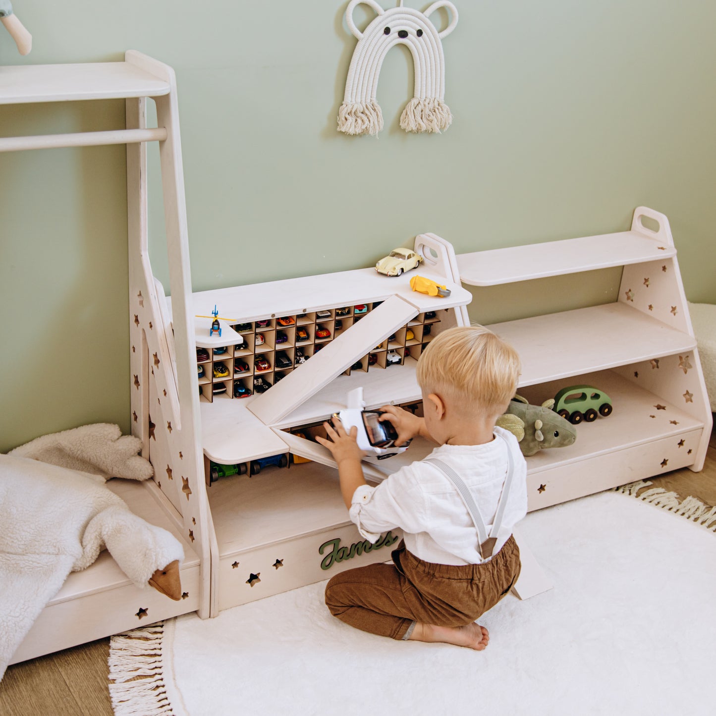 Personalized Wooden Toy Car Garage for Kids – Montessori Toy Storage & Car Organizer Shelf