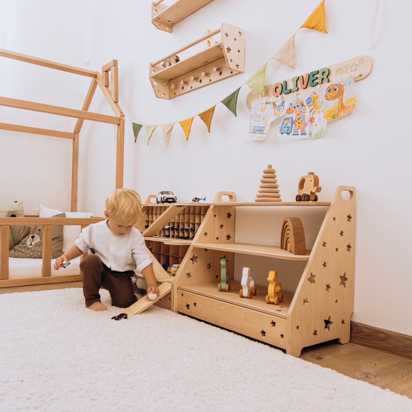 Personalized Wooden Toy Car Garage for Kids – Montessori Toy Storage & Car Organizer Shelf