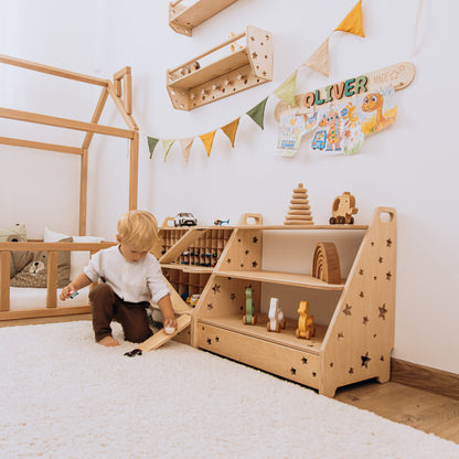 Personalized Wooden Toy Car Garage for Kids – Montessori Toy Storage & Car Organizer Shelf