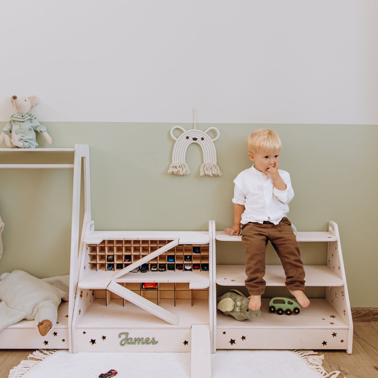 Personalized Wooden Toy Car Garage for Kids – Montessori Toy Storage & Car Organizer Shelf
