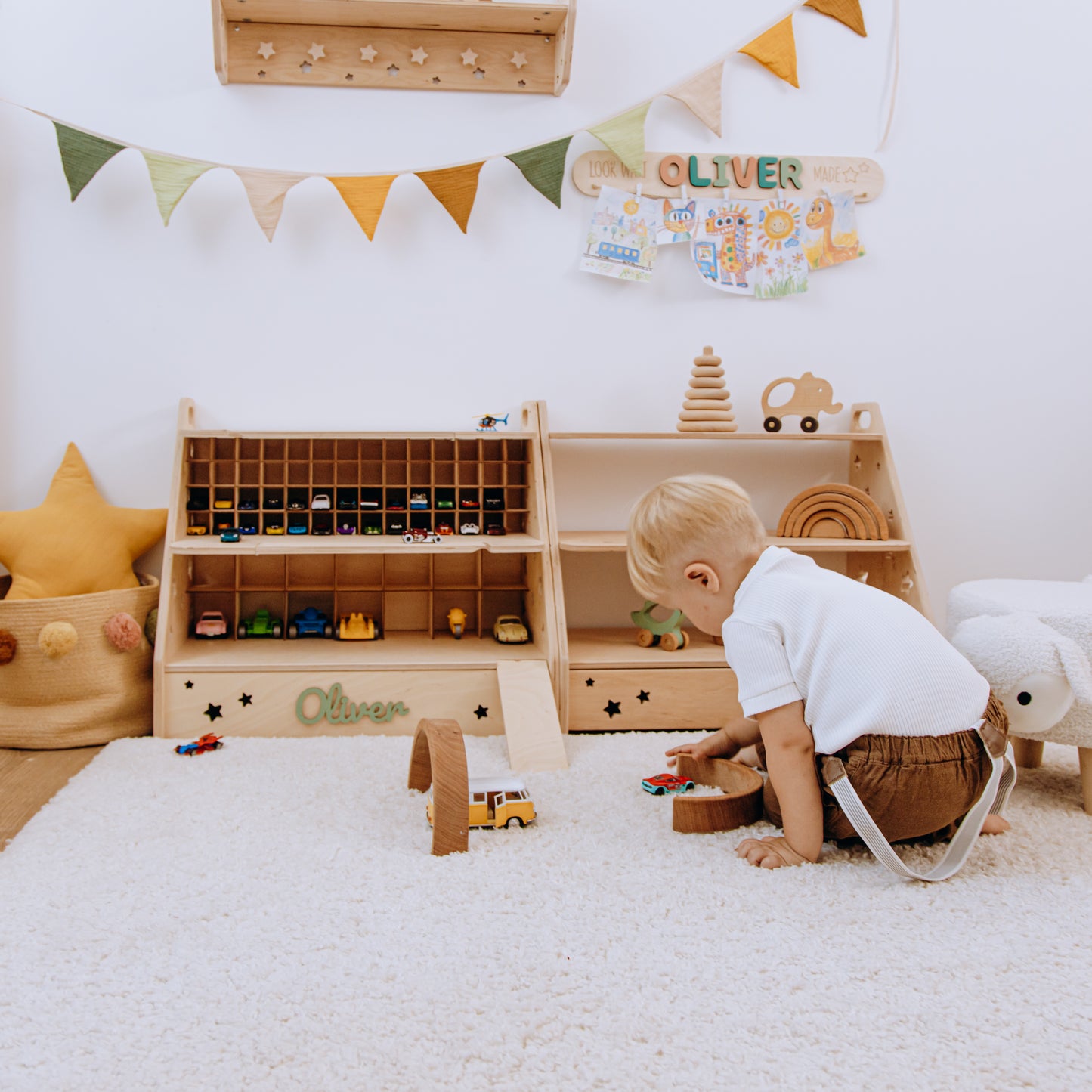 Personalized Wooden Toy Car Garage for Kids – Montessori Toy Storage & Car Organizer Shelf