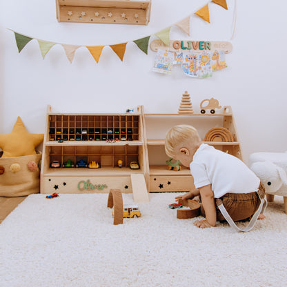 Personalized Wooden Toy Car Garage for Kids – Montessori Toy Storage & Car Organizer Shelf