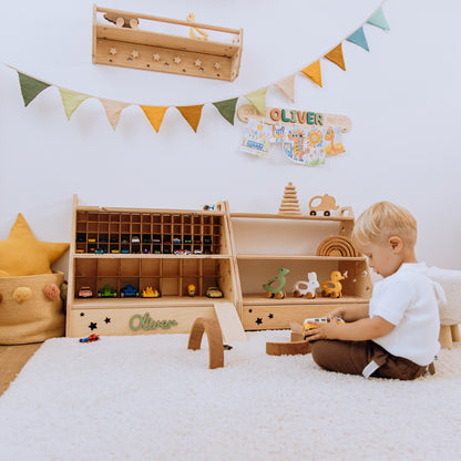 Personalized Wooden Toy Car Garage for Kids – Montessori Toy Storage & Car Organizer Shelf