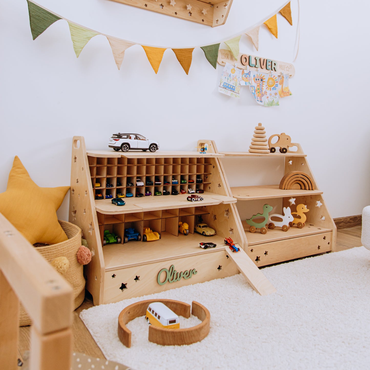 Personalized Wooden Toy Car Garage for Kids – Montessori Toy Storage & Car Organizer Shelf