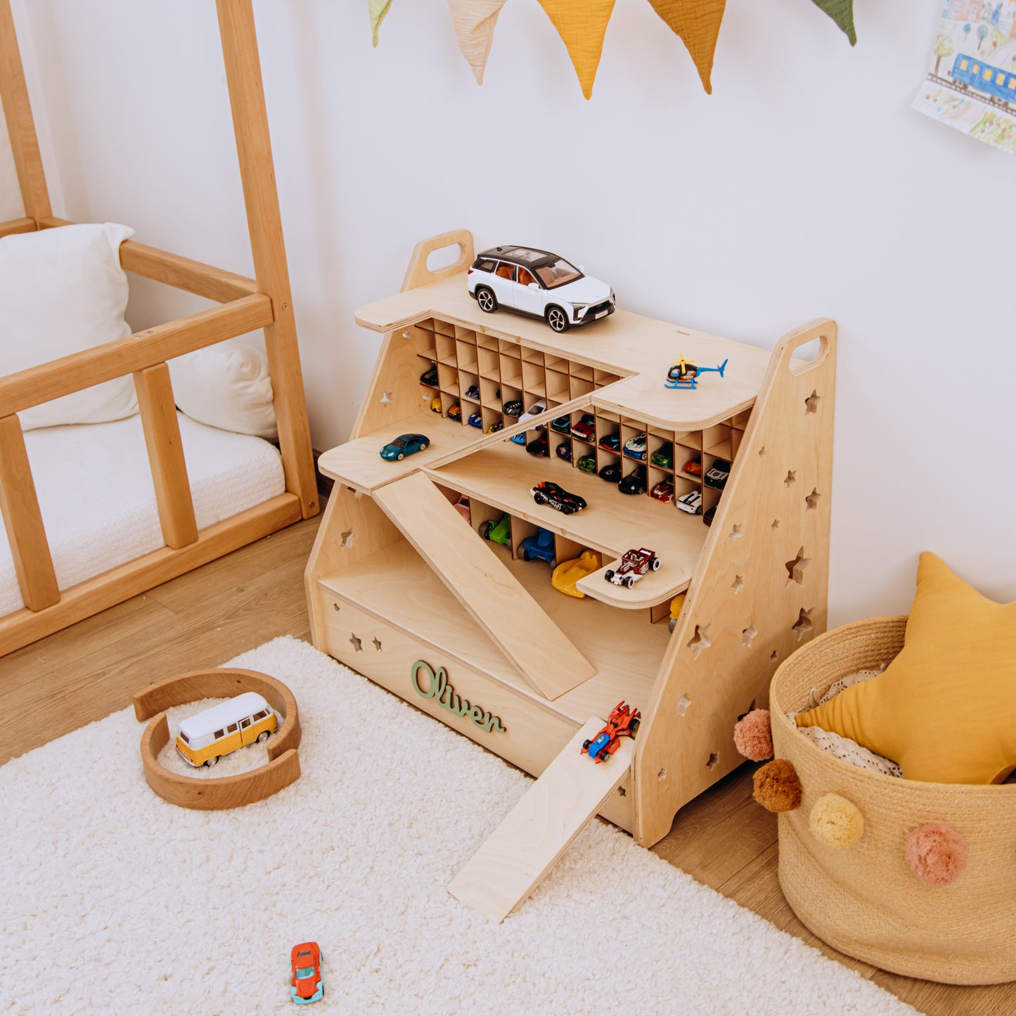 Personalized Wooden Toy Car Garage – Custom Kids Car Storage, Montessori Playroom Gift