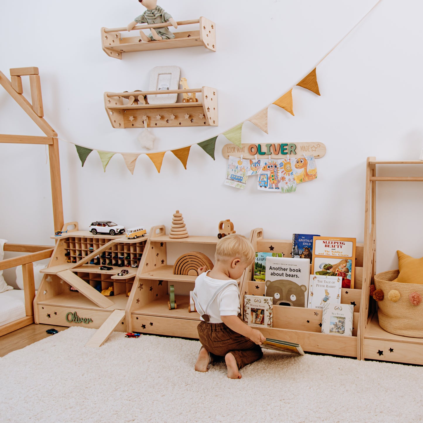 Personalized Wooden Toy Car Garage – Custom Kids Car Storage, Montessori Playroom Gift