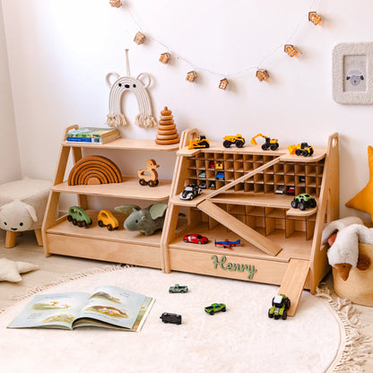 Personalized light wood toy car garage and toy shelf set with wooden cars and a teddy in a bright nursery