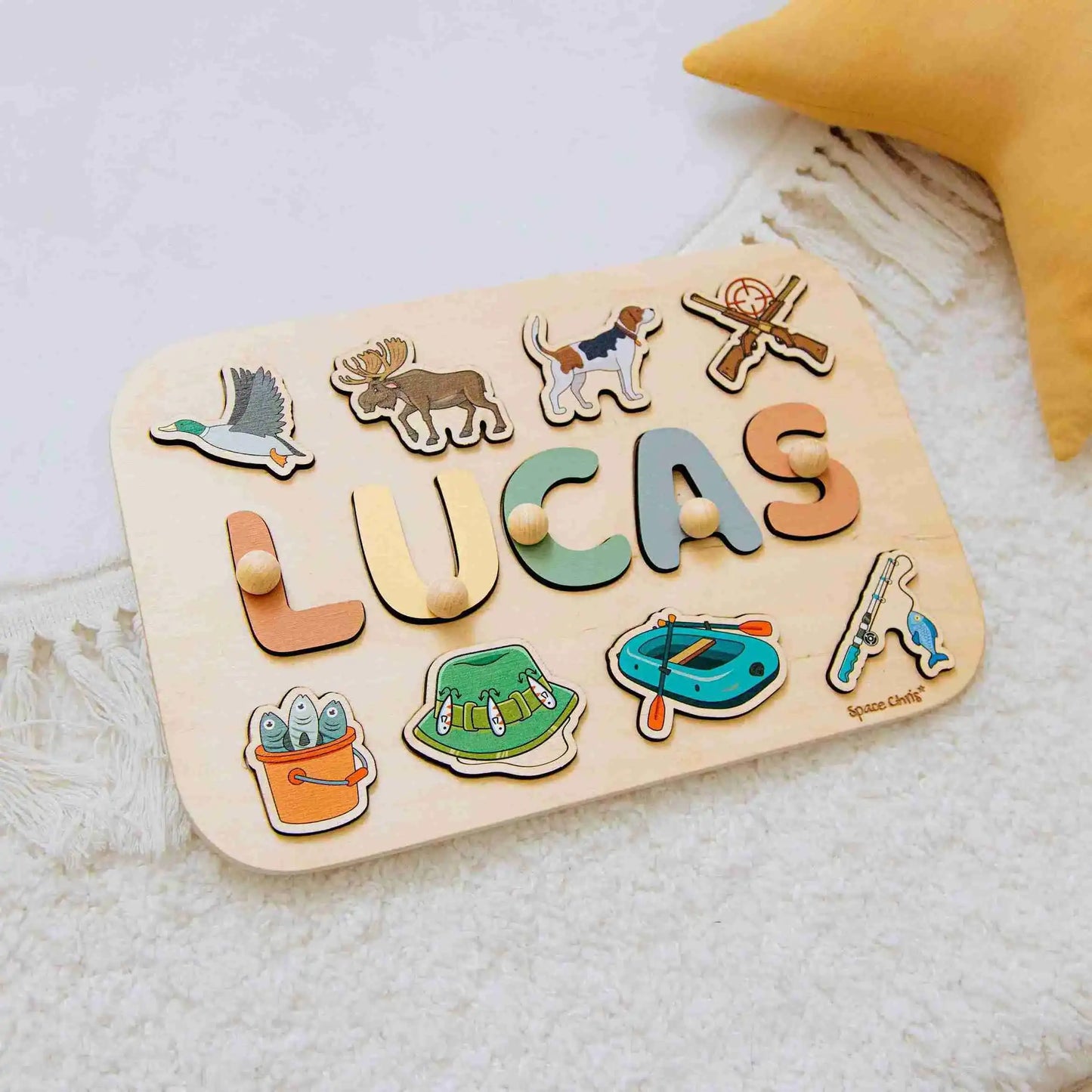 Personalized Wooden Name Puzzle for Boys – Fishing Theme, Educational Toy for Kids Ages 3–6, Custom Birthday Gift