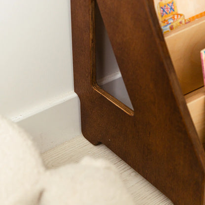 Personalized Dark Wood Montessori Bookshelf – Front-Facing Kids' Book Display
