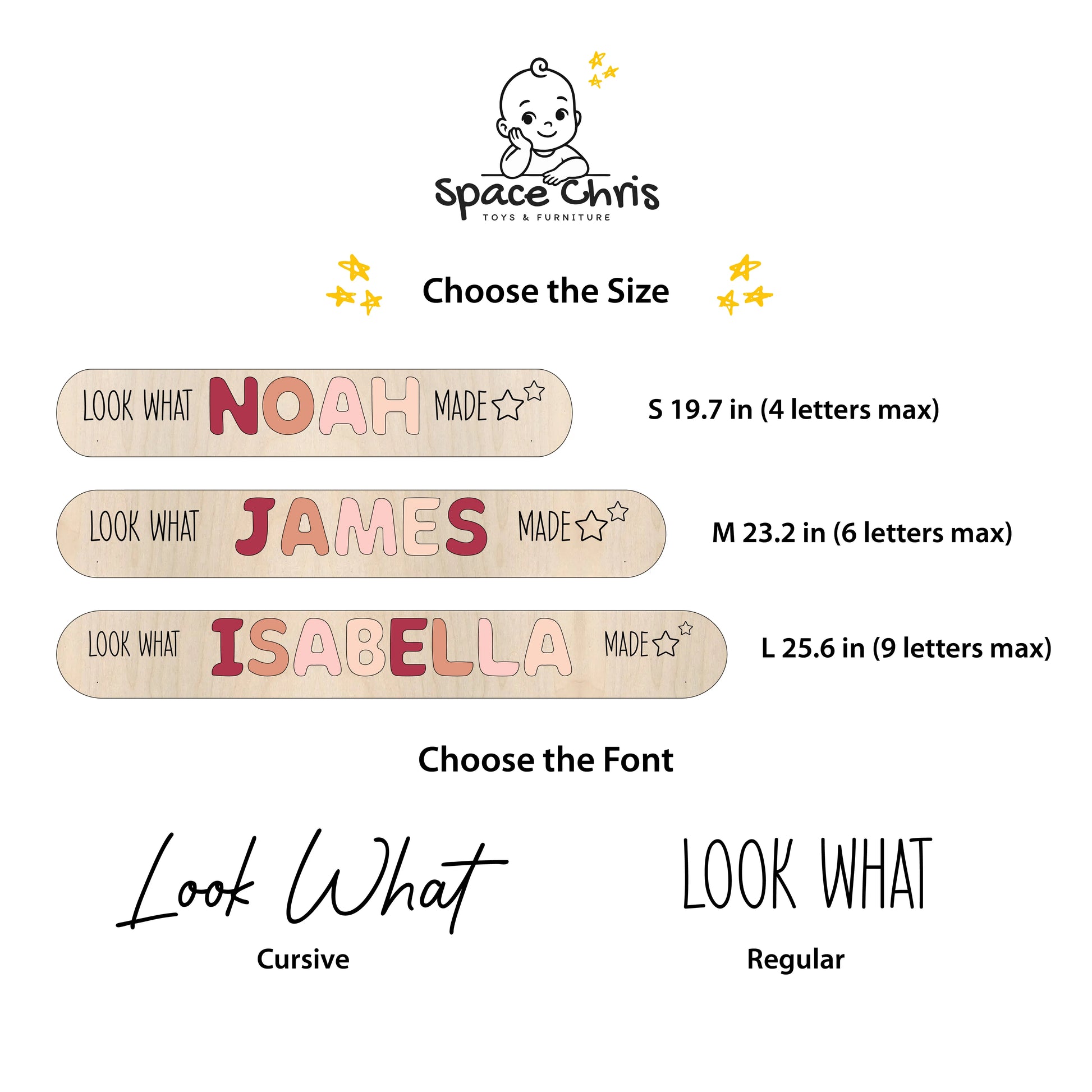 Look What I Made sign size chart showing Small, Medium and Large boards with names Noah, James and Isabella, and Cursive vs Regular font options