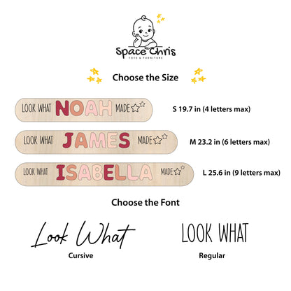 Look What I Made sign size chart showing Small, Medium and Large boards with names Noah, James and Isabella, and Cursive vs Regular font options