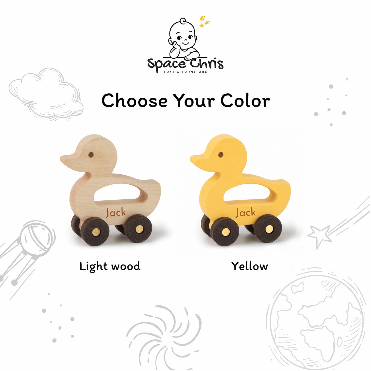 Wooden duck push toy color options: light wood and yellow finish