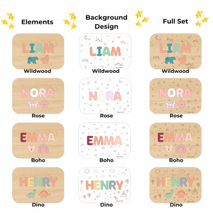 Theme customization options for the wooden name stool including Wildwood, Rose, Boho, and Dino designs.