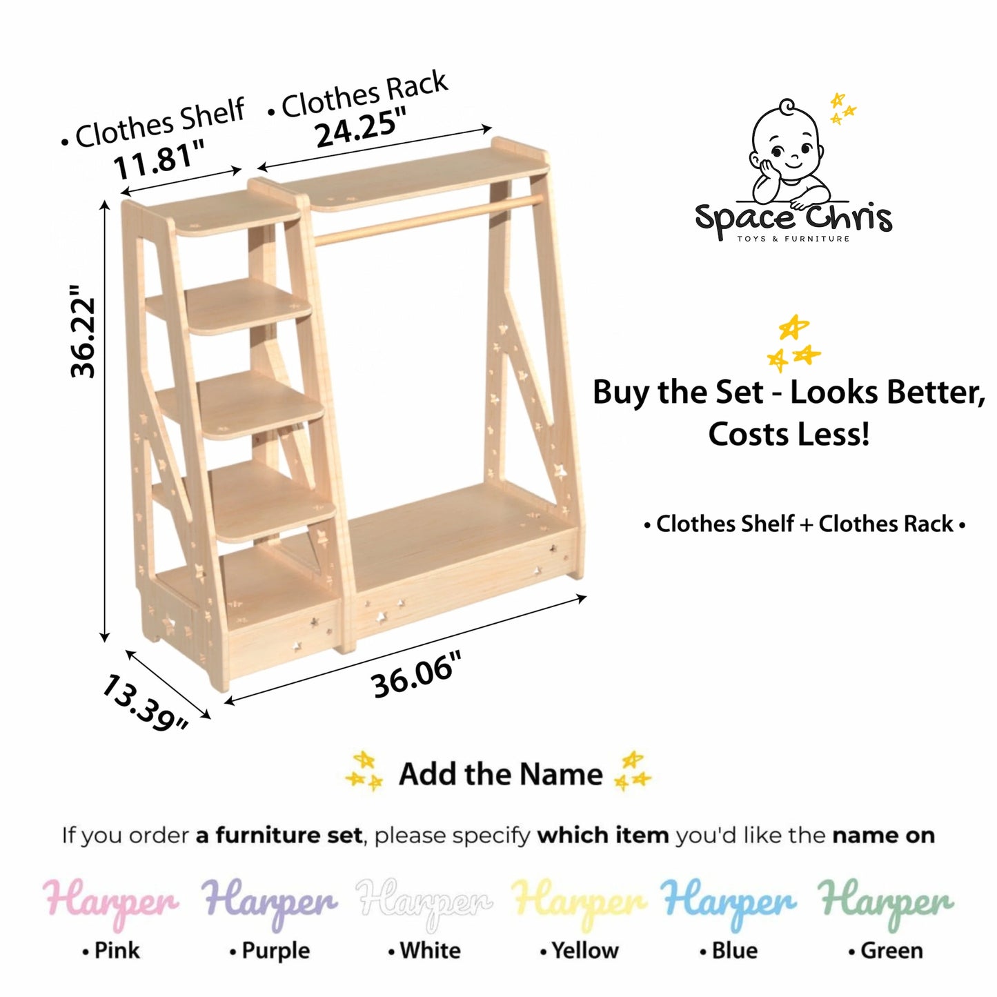 Infographic of the clothes shelf and clothes rack set with dimensions and name color options