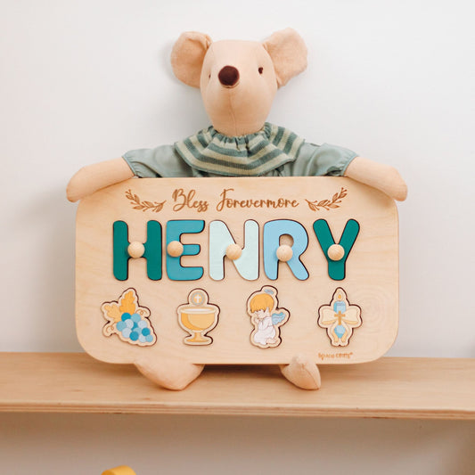 Personalized Baptism Name Puzzle with name Henry on wooden shelf