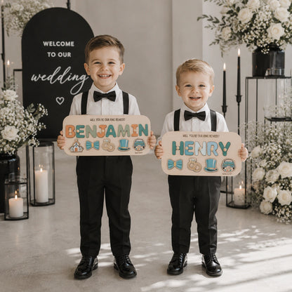 Ring bearers holding their personalized Benjamin and Henry proposal puzzles